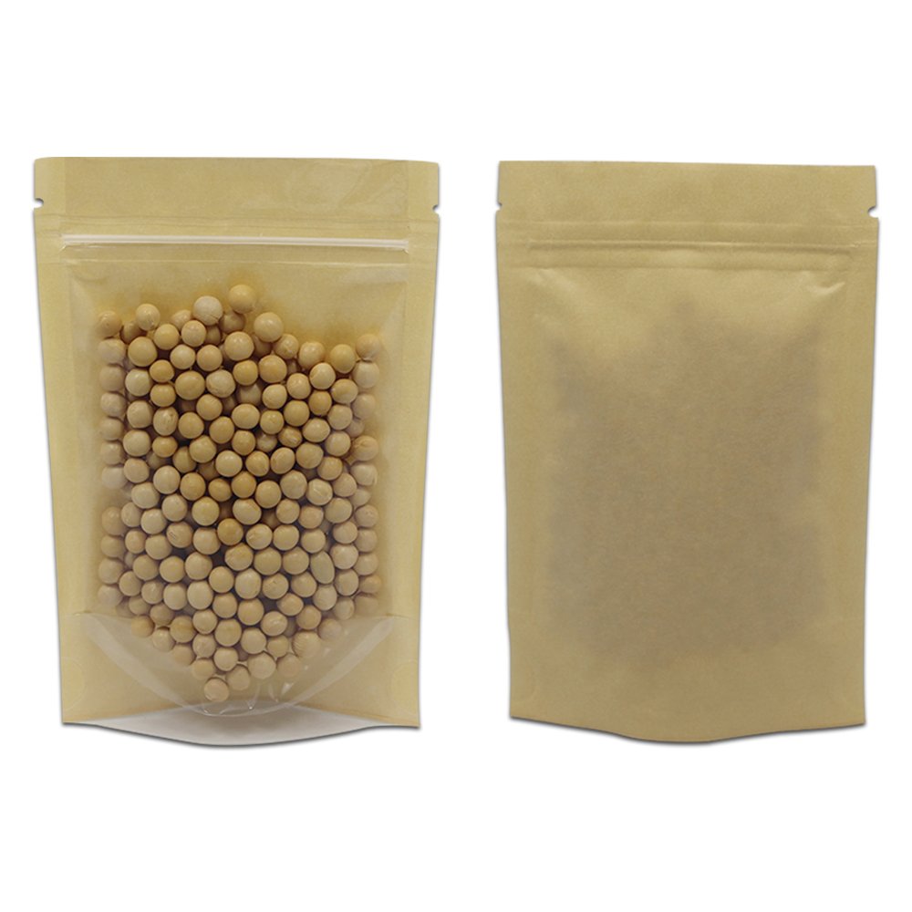 FERENLI 50 Pcs 3.9x5.9 inch (Inside Size 3.1x3.3) Clear Front Brown Kraft Paper for Zip Plastic Package Lock Bag Doypack Stand Up Pouch Reclosable