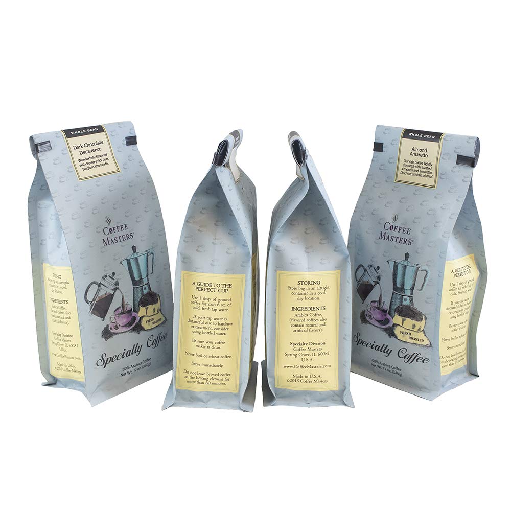 Coffee Masters Whole Bean Coffee Sampler, Jamaican Me Crazy, Vanilla Nut Creme, Caramel Kiss, Highlander Grogg, 48 Ounce
