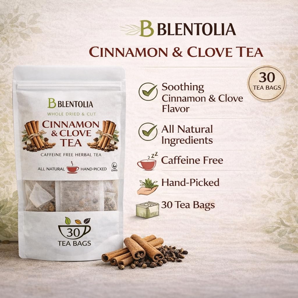 Blentolia Cinnamon & Clove Herbal Tea Bags - Caffeine-Free, All Natural, Whole Dried & Cut Spices - 30 Tea Bags