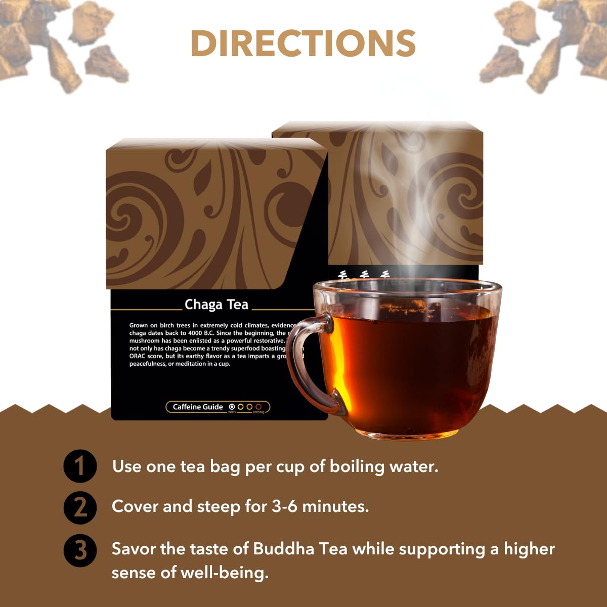Buddha Teas - Chaga Tea - Organic Herbal Tea - For Cognitive Balance & Overall Health - With Chaga Mushroom, Antioxidants & B Vitamins - Caffeine Free