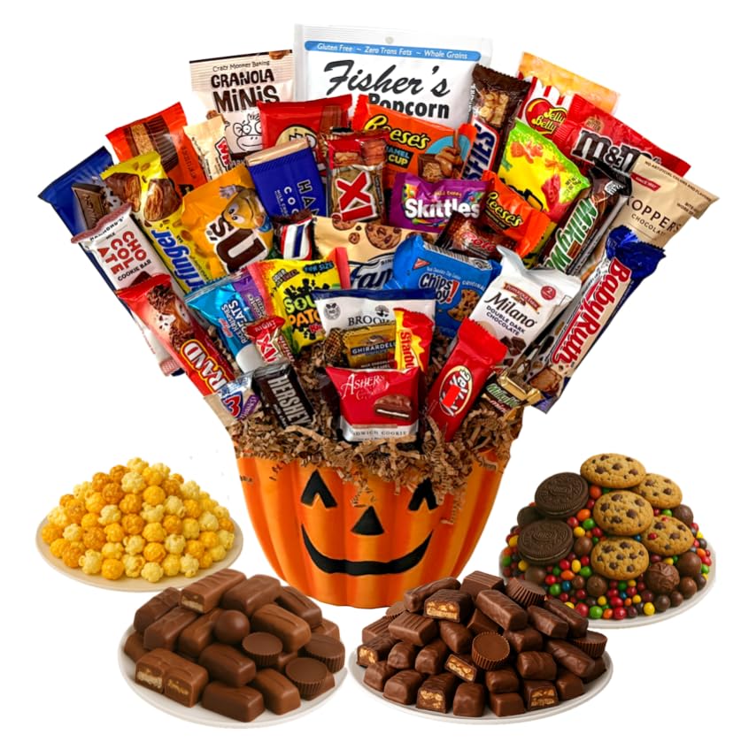 Halloween Pumpkin Gift Basket - Assorted Candy, Chocolates, Cookies & Snacks - Customizable Gift for Kids, Adults, Family, or Office (10" Plastic