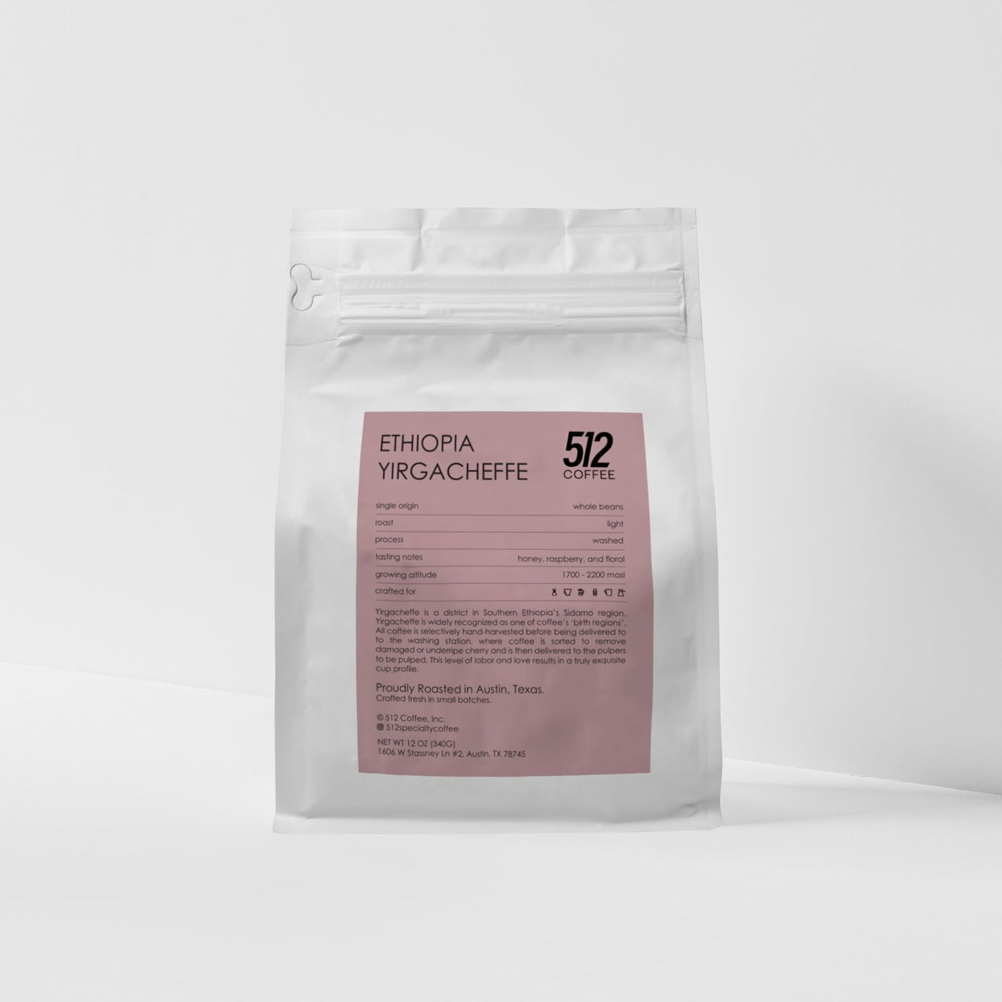 512 Coffee Ethiopia Yirgacheffe Light Roast Whole Bean - Single Origin Specialty Coffee with Tasting Notes of Raspberry, Honey & Floral - Fresh