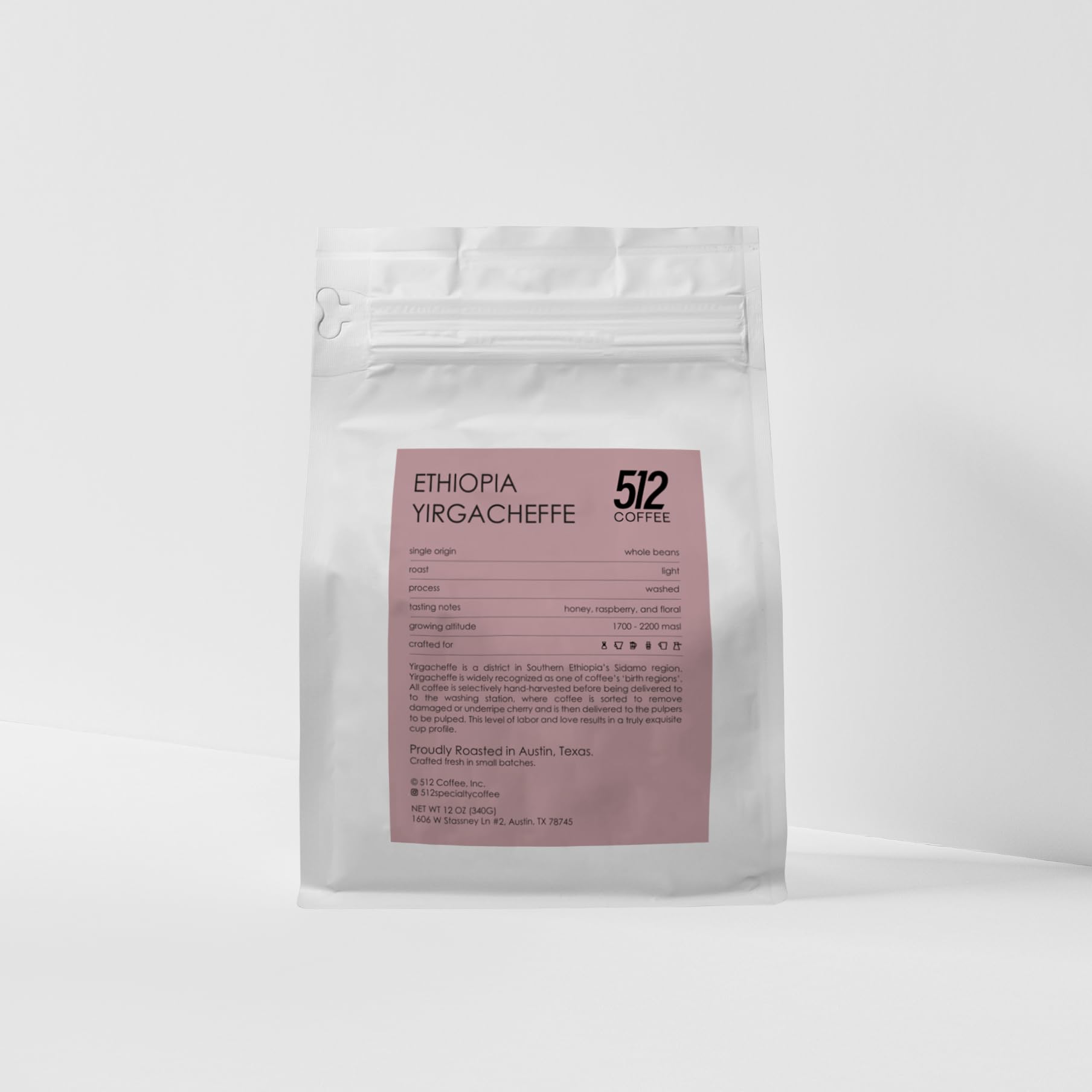 512 Coffee Ethiopia Yirgacheffe Light Roast Whole Bean - Single Origin Specialty Coffee with Tasting Notes of Raspberry, Honey & Floral - Fresh