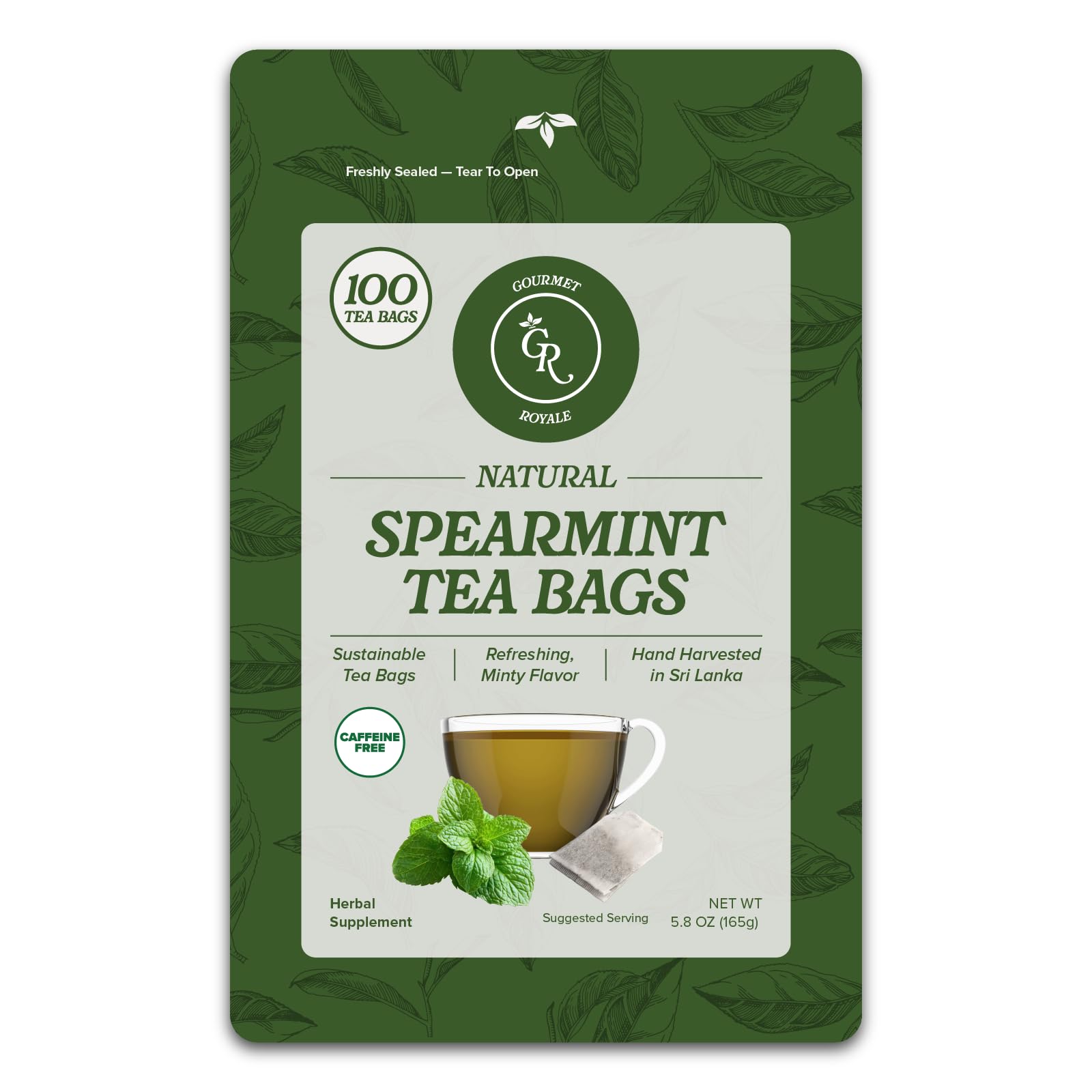 Gourmet Royale Spearmint Tea, 100 Count, Sustainable Tea Bags, Caffeine & Sugar Free, Resealable Pouch, Refreshing & Natural, Grown in Sri Lanka