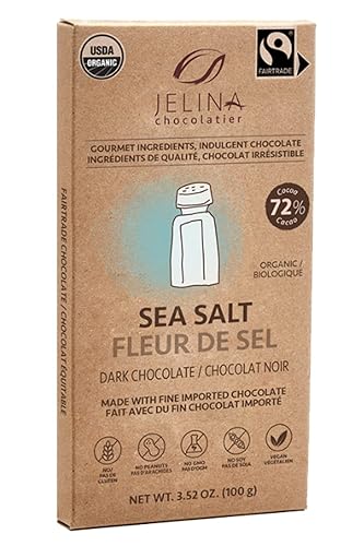 Jelina Chocolatier | 8 Pack 72% Dark Chocolate Bar with Sea Salt | Organic Cocoa, Fair Trade Chocolate | Non-GMO, Vegan Chocolates - 3.52oz Each