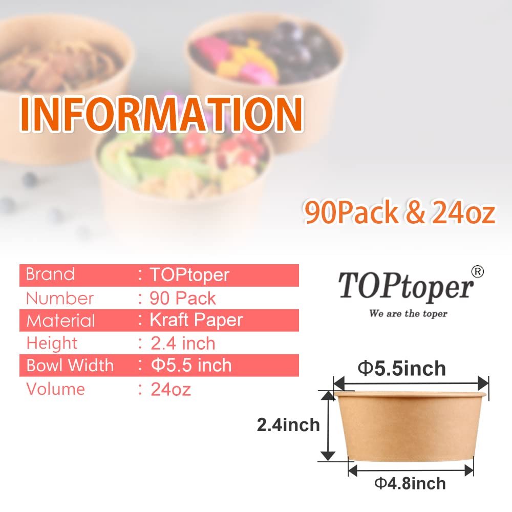 TOPtoper 24 Oz Large Paper Bowls?WITHOUT LIDS? 90 Pack Disposable Soup Bowls Plastic Free Party Supplies for Hot/Cold Food, Soup (24 OZ)