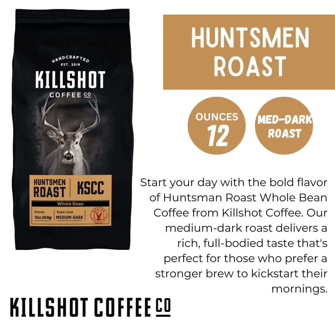 Killshot Coffee Whole Bean - 12 Ounce Bag, Medium-Dark Roast, (12 oz, Huntsmen Roast)