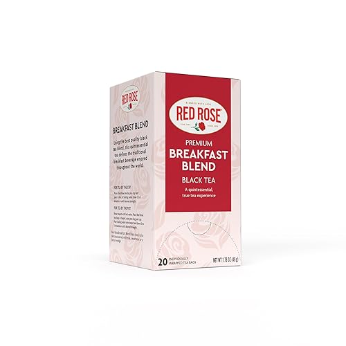 Red Rose Breakfast Tea Specially Blended Strong Robust Black Tea with 20 Individually Wrapped Tea Bags Per Box Contains Caffeine Brew Hot Full