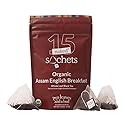 Two Leaves and a Bud Organic Assam English Breakfast, Whole Leaf Black Tea in Unwrapped Pyramid Sachets, Resealable Bag, 15 Sachets (Pack of 1)