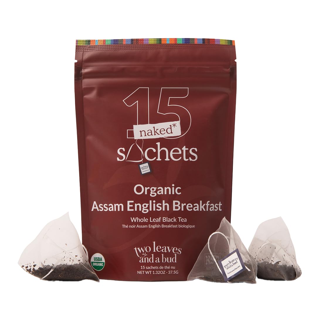 Two Leaves and a Bud Organic Assam English Breakfast, Whole Leaf Black Tea in Unwrapped Pyramid Sachets, Resealable Bag, 15 Sachets (Pack of 1)