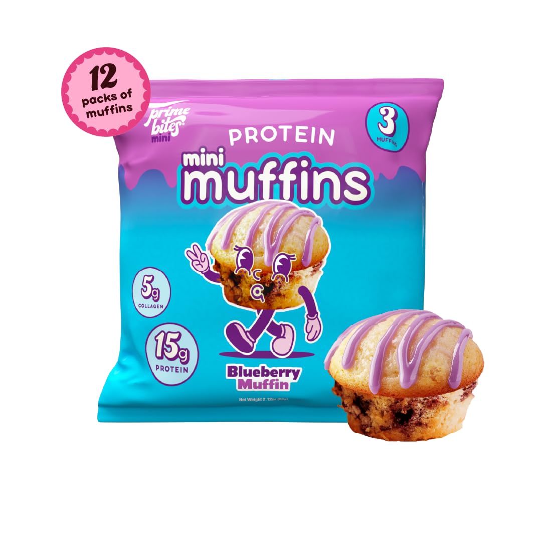 Prime Bites Minis - High Protein Muffin (12 Per Box, Blueberry) - 15g of Protein, 5g of Collagen, Gluten Free, Low Sugar Treat, Delicious Protein
