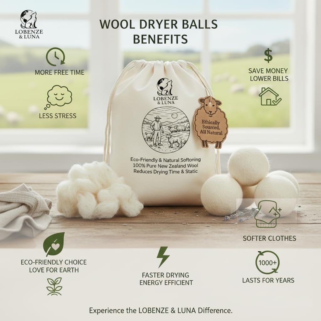 Lobenze & Luna Wool Dryer Balls, Pack of 6 XL, 100% Premium New Zealand Wool, Reusable Eco-Friendly Laundry Balls, Helps Reduce Wrinkles & Static