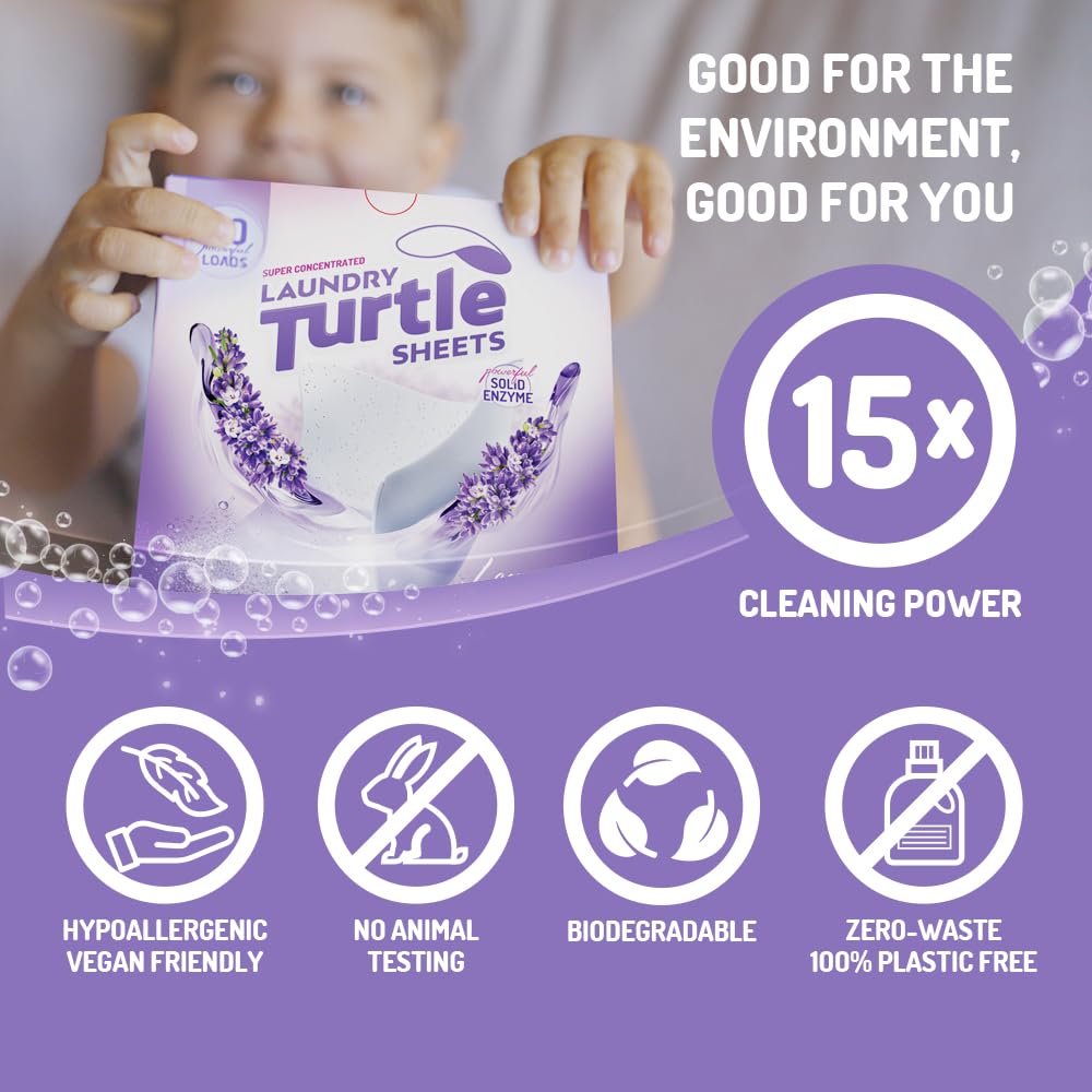 Laundry Turtle - Lavender Laundry Sheets Up to 100 Machine Loads - Strips, Travel Size, 50 Non Toxic Laundry Detergent Sheets, Fresh Scent Washing