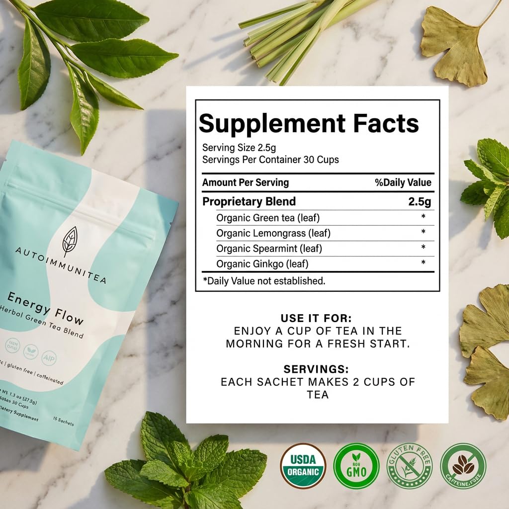 AutoimmuniTea -- AIP Energy Tea Blend, for Energy Boost, Cognitive Function, with Organic Green Tea, Lemongrass, and Spearmint - 15 Loose Leaf Tea