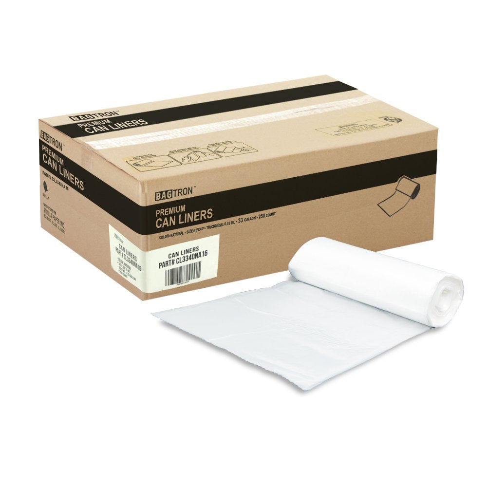 Bagtron 33 Gallon Trash Bags, 16 Micron High Density Pure HDPE Garbage Can Liners Bulk, 33" x 40", Natural Clear, 250 Count