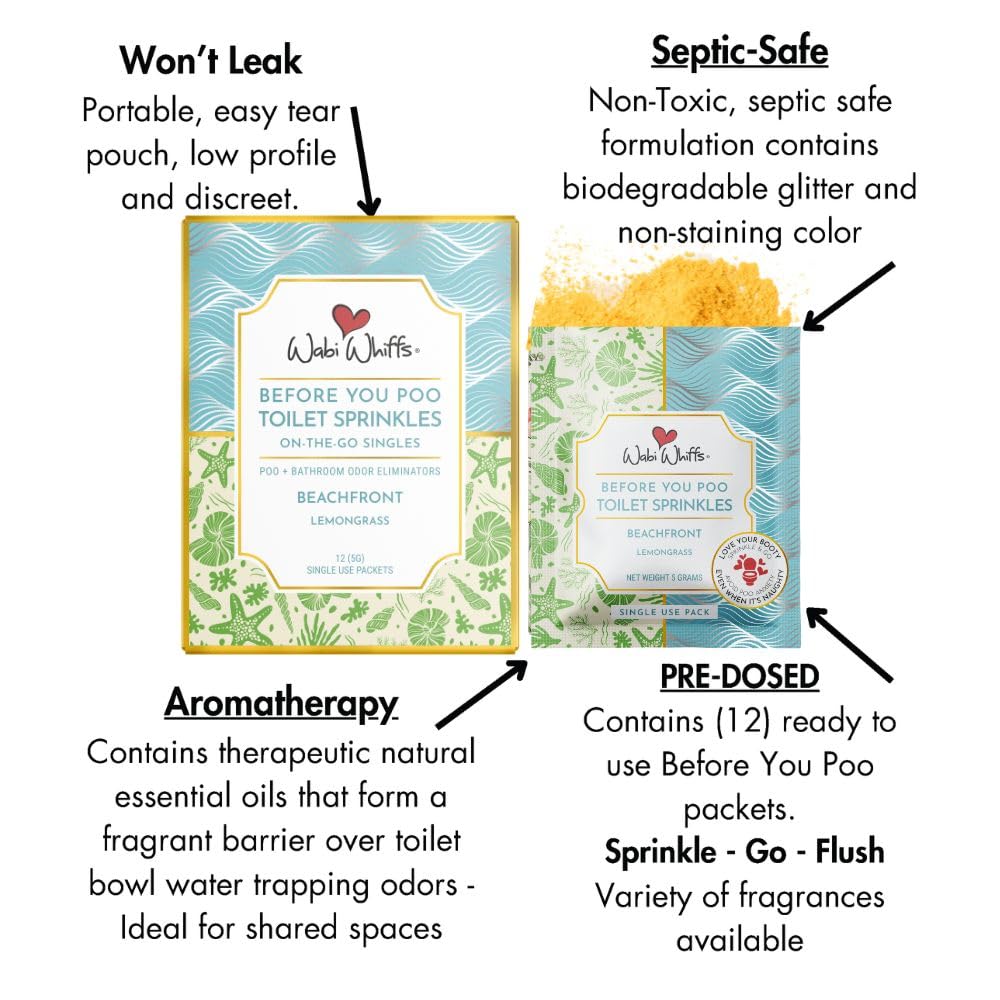 Wabi Whiffs On-the-Go Toilet Sprinkles Singles - Beach Front (12 Count) | Natural Bathroom Deodorizer | Odor Eliminator Packets for Freshness
