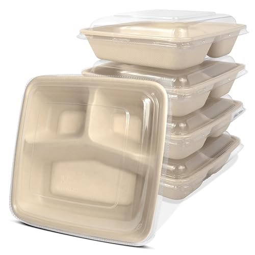bloomoon 3 Compartment 8x8 inch Take Out Lunch Box Containers with Lids, Disposable 3 Compartment Meal Prep Bento Box Containers, 50 Bowls 50 Lids