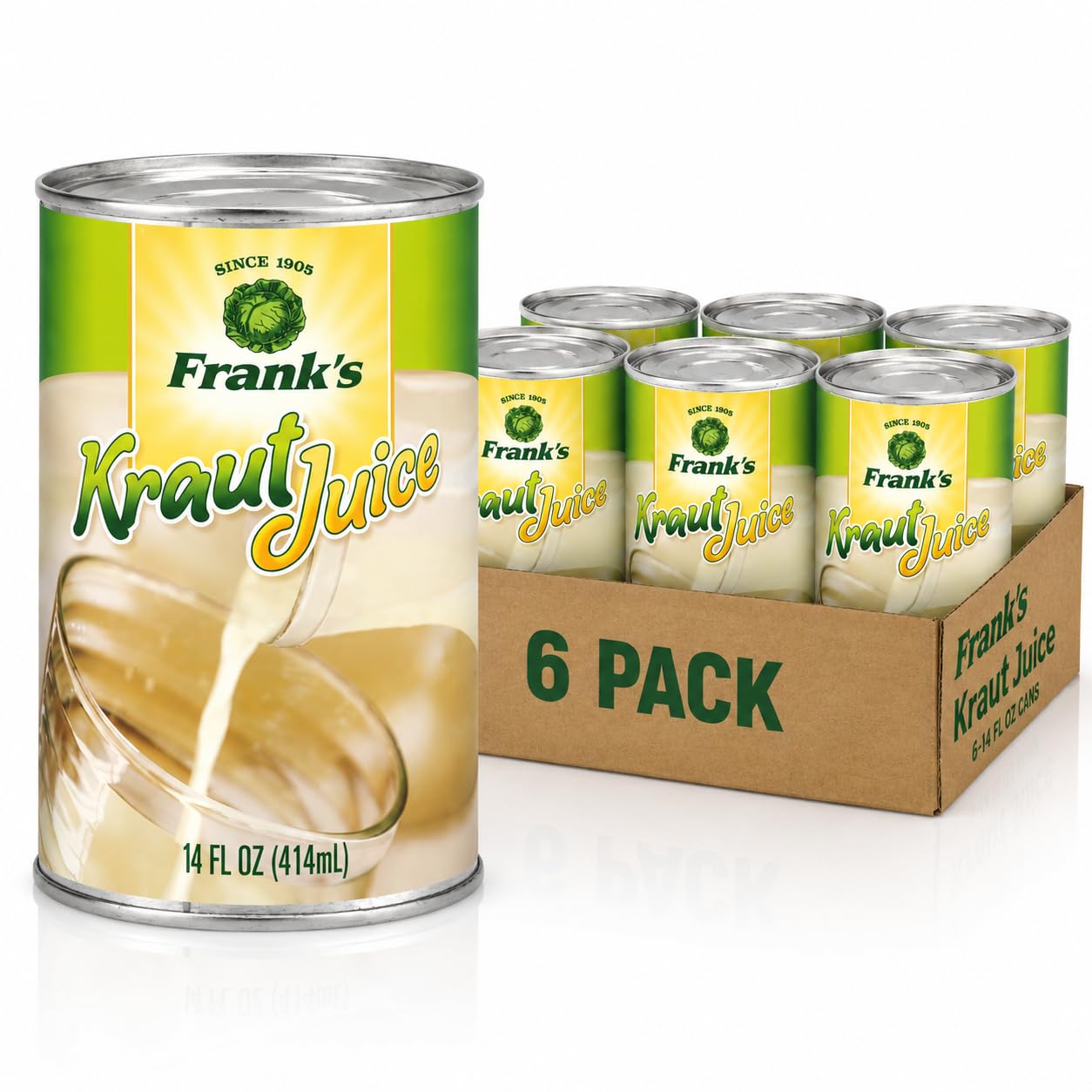 Frank’s Kraut Juice 14oz Cans (6 Pack) - Tangy Sauerkraut Juice from Naturally Fermented Cabbage | Gluten-Free, Vegan, Shelf-Stable | Great