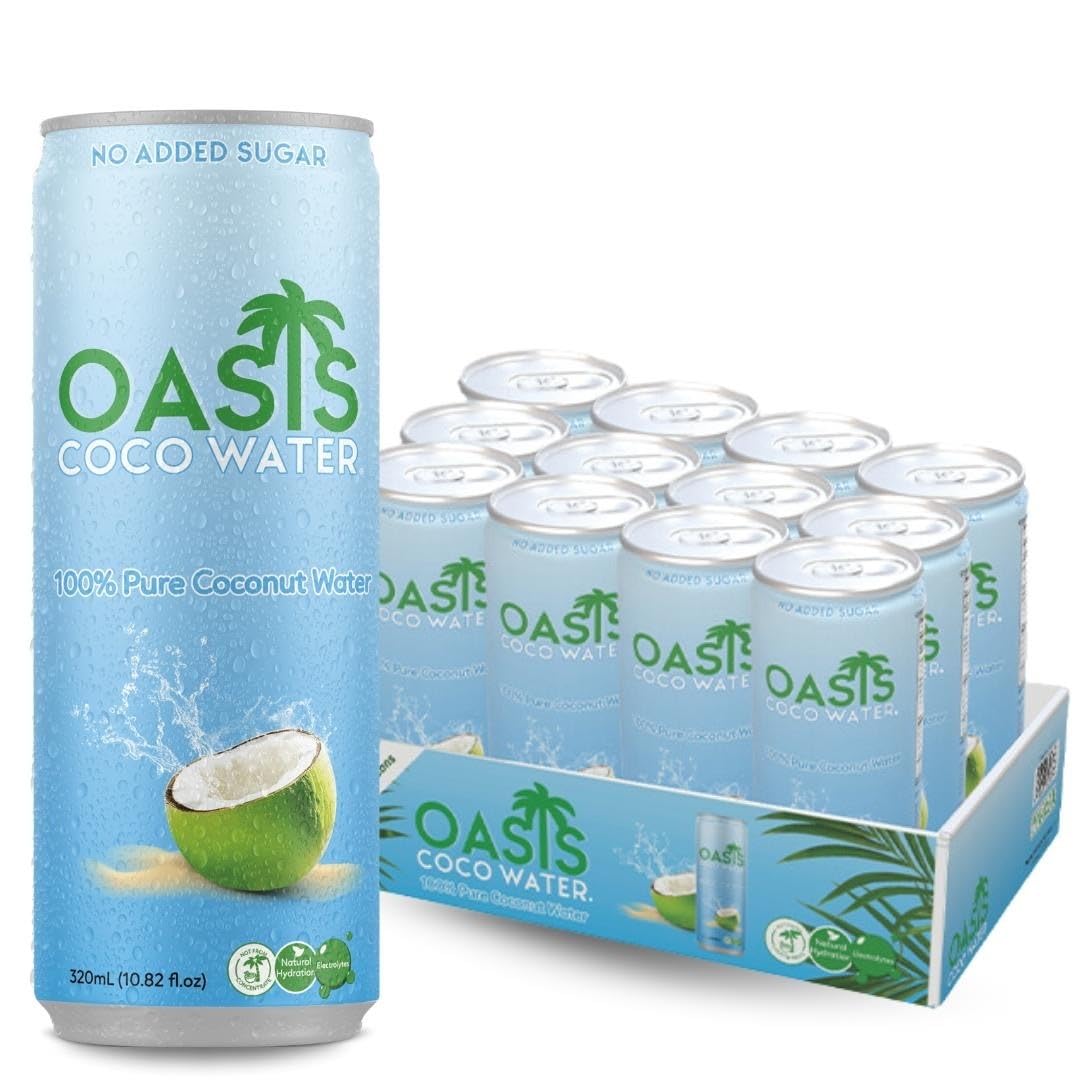 Oasis Coconut Water, 12 Pack, 100% Pure Coconut Water with Electrolytes, Natural Hydration Electrolyte Water Drink, Low Calorie, No Sugar Added, No