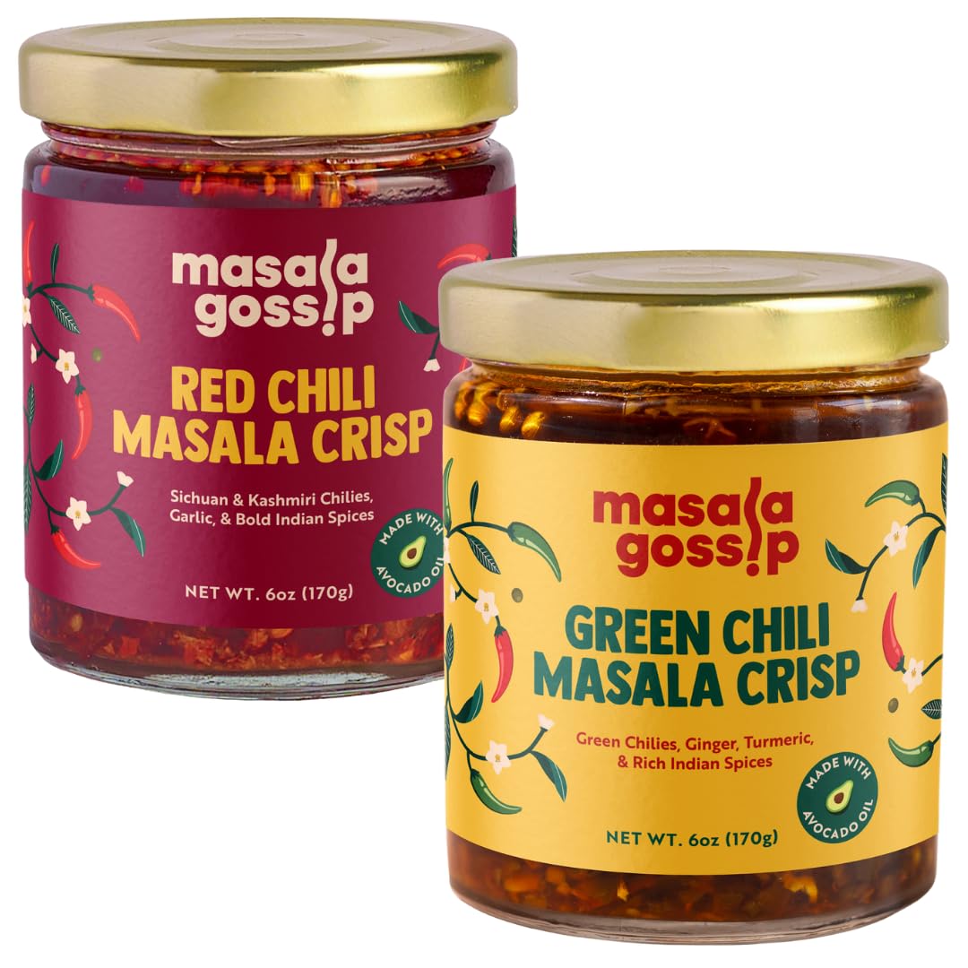 Masala Gossip Chili Crisp Bundle - Red & Green Crunchy Chili Oil with Garlic, Sichuan Flakes & Indian Spices - Savory Hot Sauce - Drizzle on Noodles