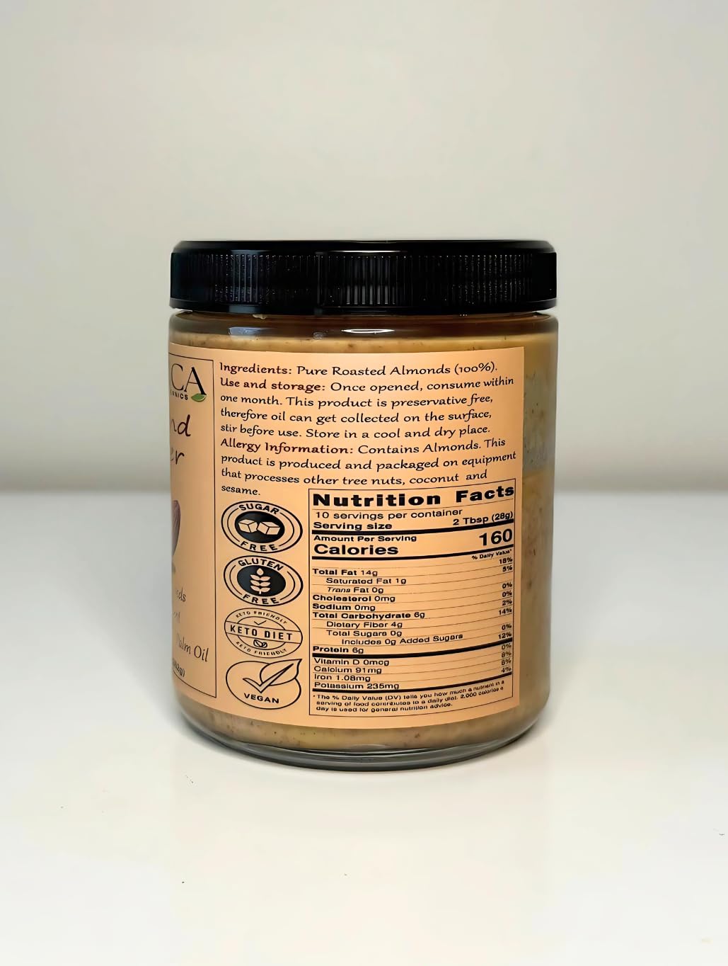 100% Pure Almond Butter, Single Ingredient, No Salt, No Sugar, No Palm Oil, Double Sealed Jar, No Additives, Vegan, Plant Based Protein, Premium