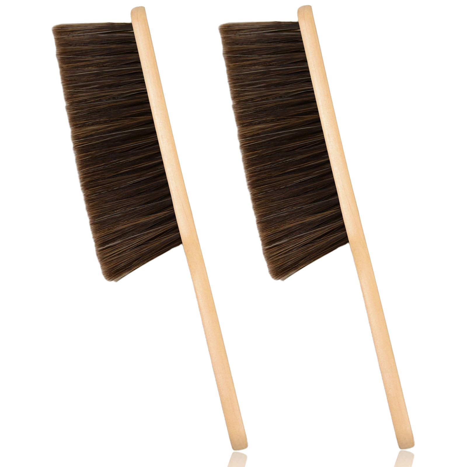 2 Pieces Woooden Dust Brush Hand Broom Bench Brush with Long Wood Handle Whisk Broom Soft Bristle Brush for Counter Bed Sofa Car Fireplace Clothes