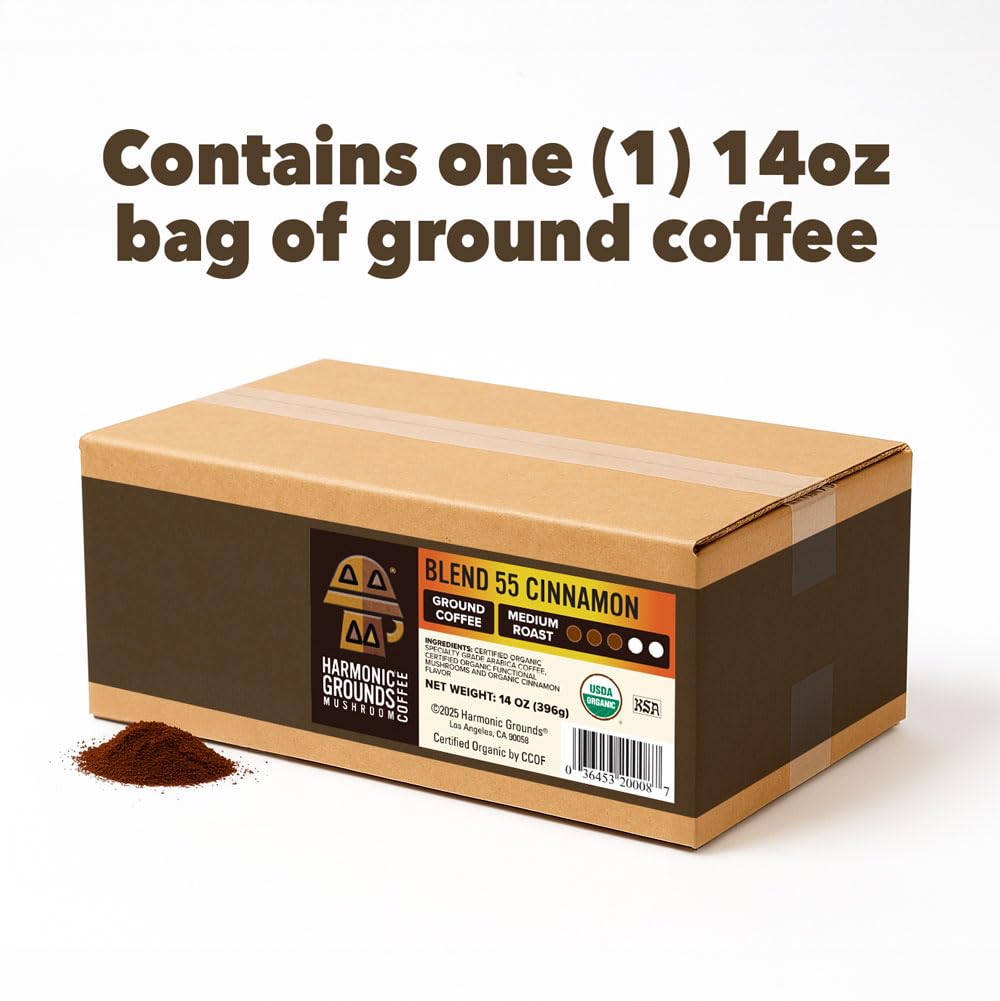 Harmonic Grounds Organic Cinnamon Medium Roast Mushroom Coffee | Organic Ground Coffee with Functional Mushrooms | Lion’s Mane, Reishi, Chaga