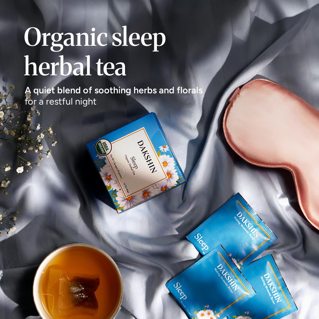 DAKSHIN Organic Sleep Tea Bags | Chamomile, Lavender, Gotu Kola & Licorice Root | Caffeine-Free Bedtime Relaxation Tea | USDA Organic | 16 Tea Bags