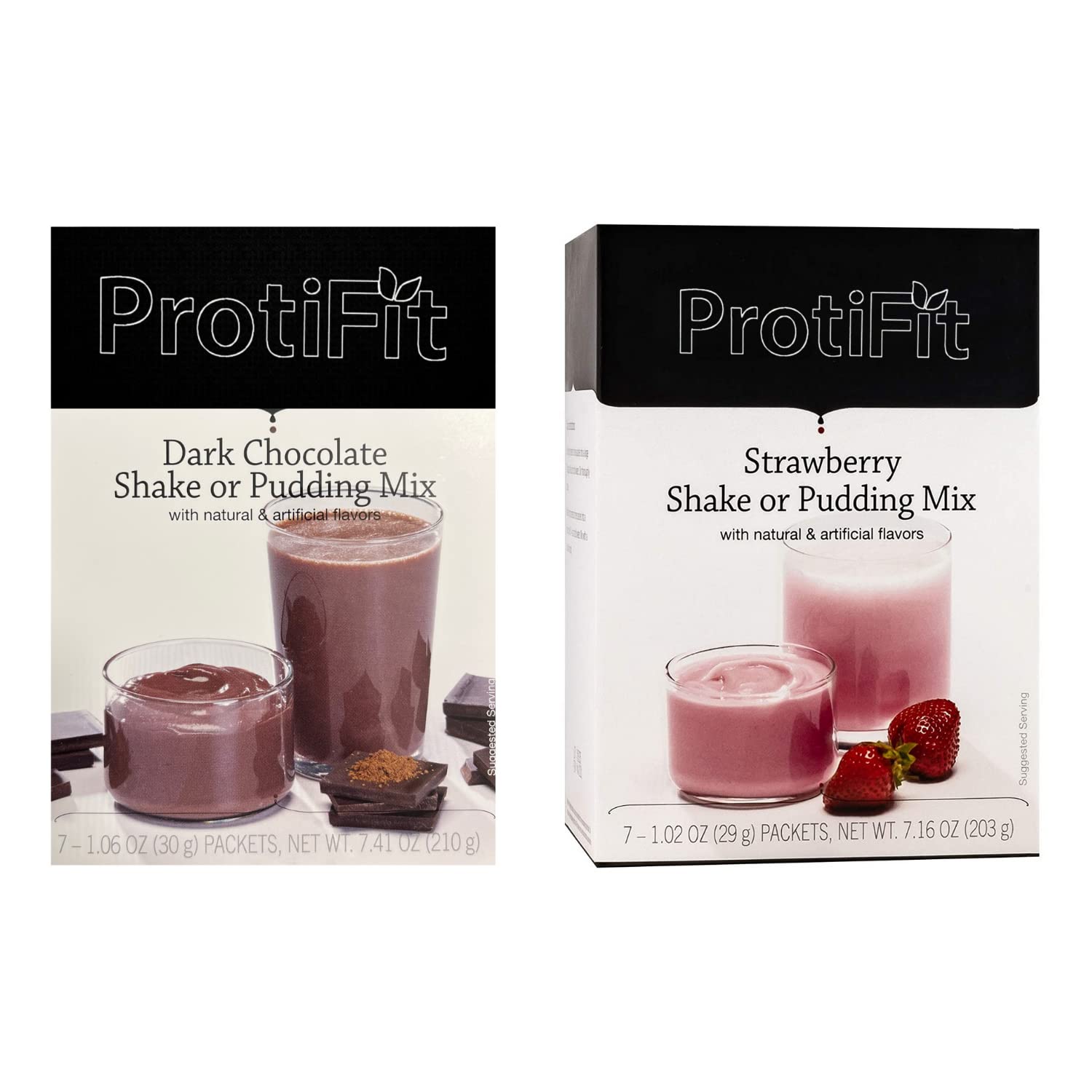 PROTIFIT - High Protein Dark Chocolate & Strawberry Pudding & Shake Mix 2 Pack, 15g Protein, Low Calorie, Low Fat, Low Carb, Aspartame Free, Idea