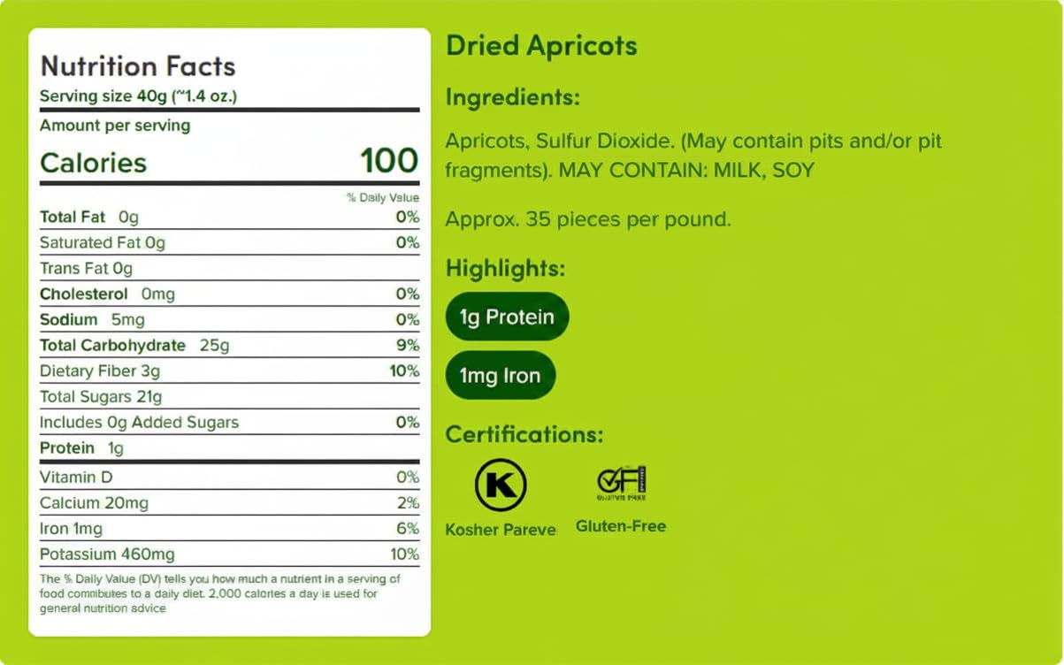 Nuts.com - Dried Apricots - No Sugar Added, Healthy Fruit Snack for Adults & Kids - Naturally Plump & Juicy, Good Source of Potassium & Fiber - Vegan