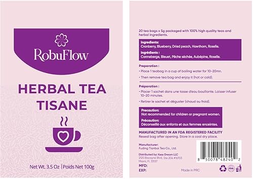 RobuFlow Herbal Tea for Feminine Balance - 20 Tea Bags (3.5 oz) - Natural Blend with Cranberry, Blueberry, Dried Peach, Hawthorn & Roselle - Supports