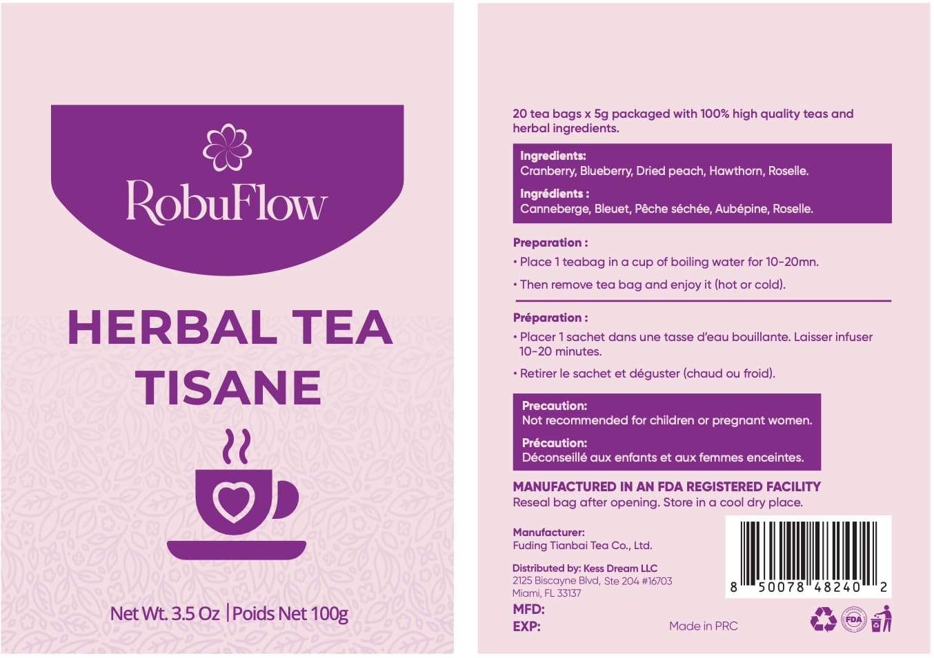 RobuFlow Herbal Tea for Feminine Balance - 20 Tea Bags (3.5 oz) - Natural Blend with Cranberry, Blueberry, Dried Peach, Hawthorn & Roselle - Supports
