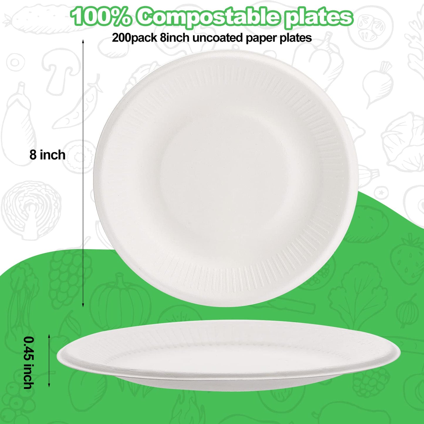Eco-friendly 200 Pack Disposable Paper Plates, 100% Compostable & Biodegradable, Heavy-Duty Sugarcane Plates for Party, Picnic (8in)