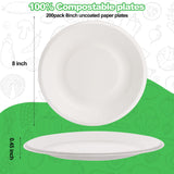 Eco-friendly 200 Pack Disposable Paper Plates, 100% Compostable & Biodegradable, Heavy-Duty Sugarcane Plates for Party, Picnic (8in)