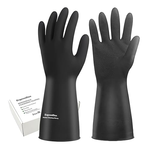 Exprosiflux Heavy-Duty Thick Rubber Cleaning Gloves - 3 Pairs of Extra-Large Black Reusable Waterproof Non-Slip Gloves for Dishwashing and Kitchen