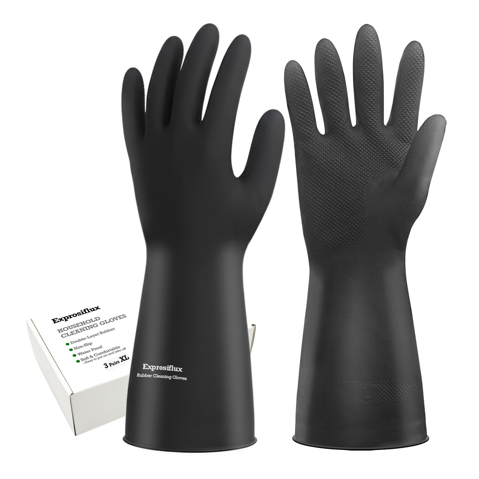 Exprosiflux Heavy-Duty Thick Rubber Cleaning Gloves - 3 Pairs of Extra-Large Black Reusable Waterproof Non-Slip Gloves for Dishwashing and Kitchen