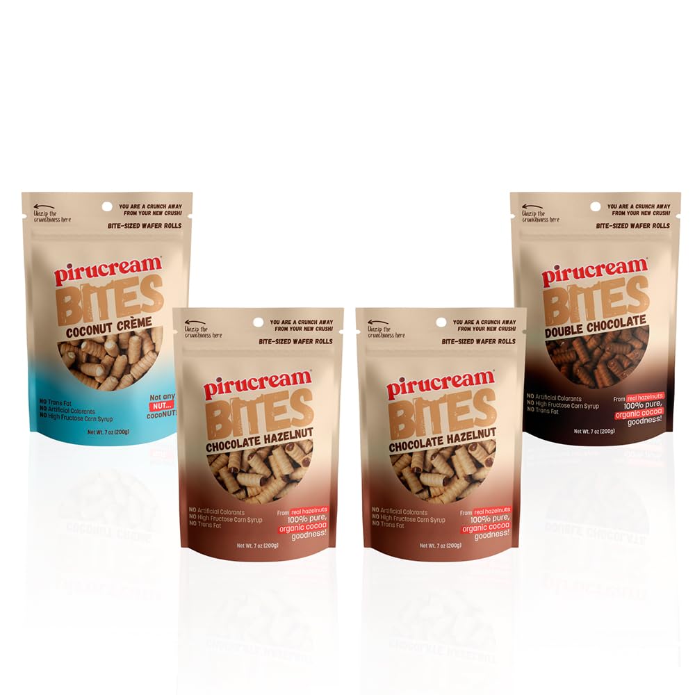 Pirucream Bites Variety Pack Thin and Crunchy Bite-Sized Rolled Wafers, 2 Chocolate Hazelnut, 1 Double Chocolate and 1 Coconut Creme, 7 oz Each Pack