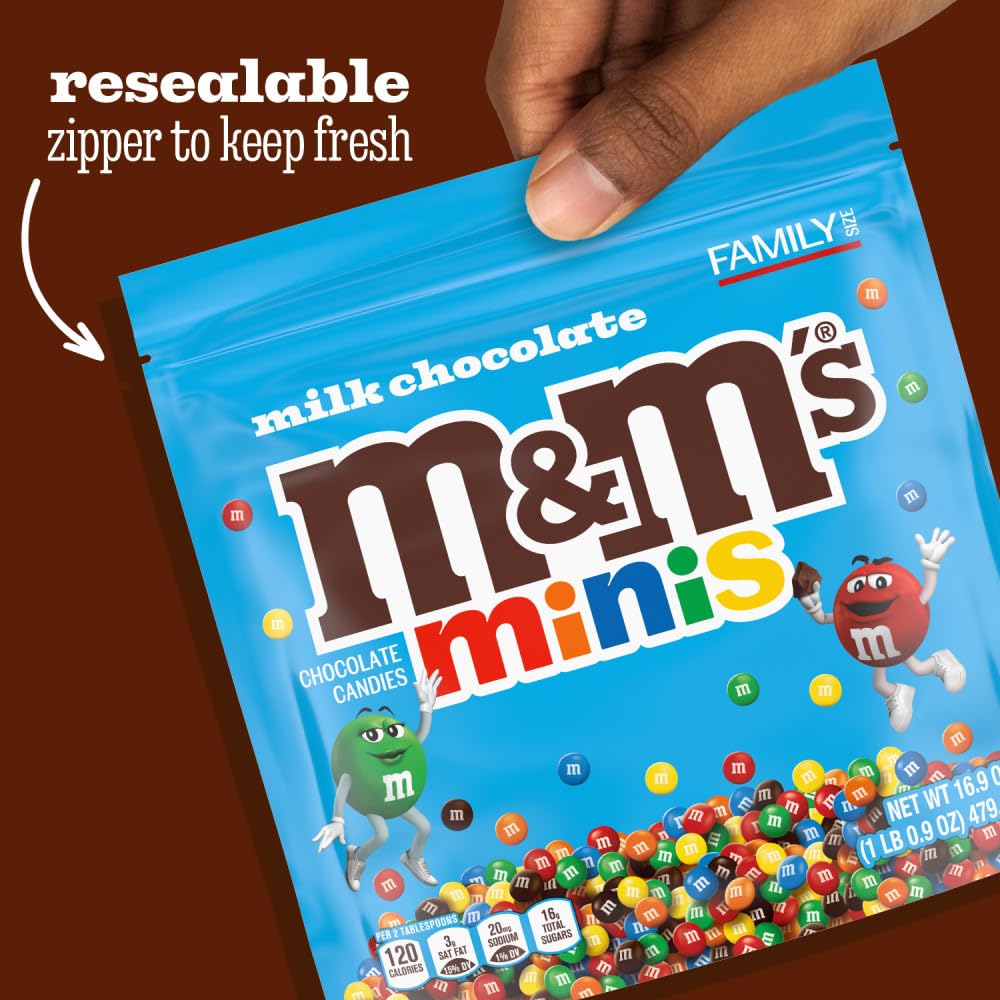 M&M'S MINIS Milk Chocolate Candy Assortment, Family Size, 16.9 oz Resealable Bulk Chocolate Candy Bag
