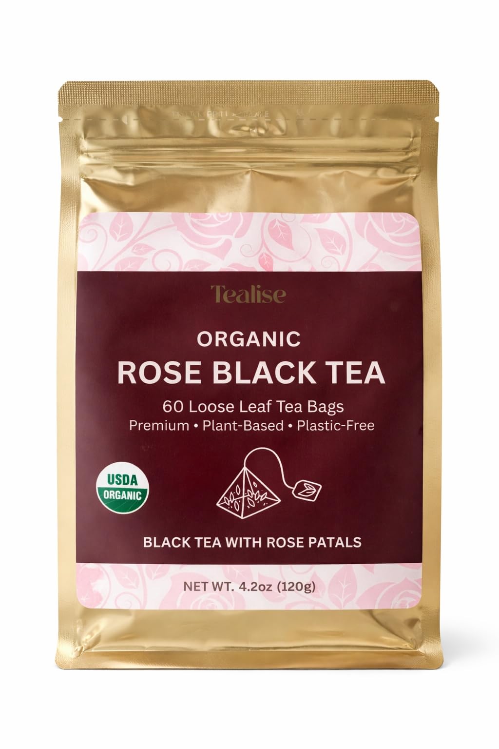 Organic Rose Black Whole Leaf Pyramid Tea Bags - USDA Organic, Plant-Based & Plastic-Free Tea Bags, Smooth Floral Black Tea, 60 Count by Tealise