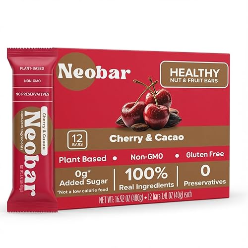 NEOBAR Cherry Cacao Fruit and Nut Bars - Plant-Based Vegan Snack Bars, Gluten Free Dairy Free Snacks, No Added Sugar, No Preservatives, Non-GMO | 12