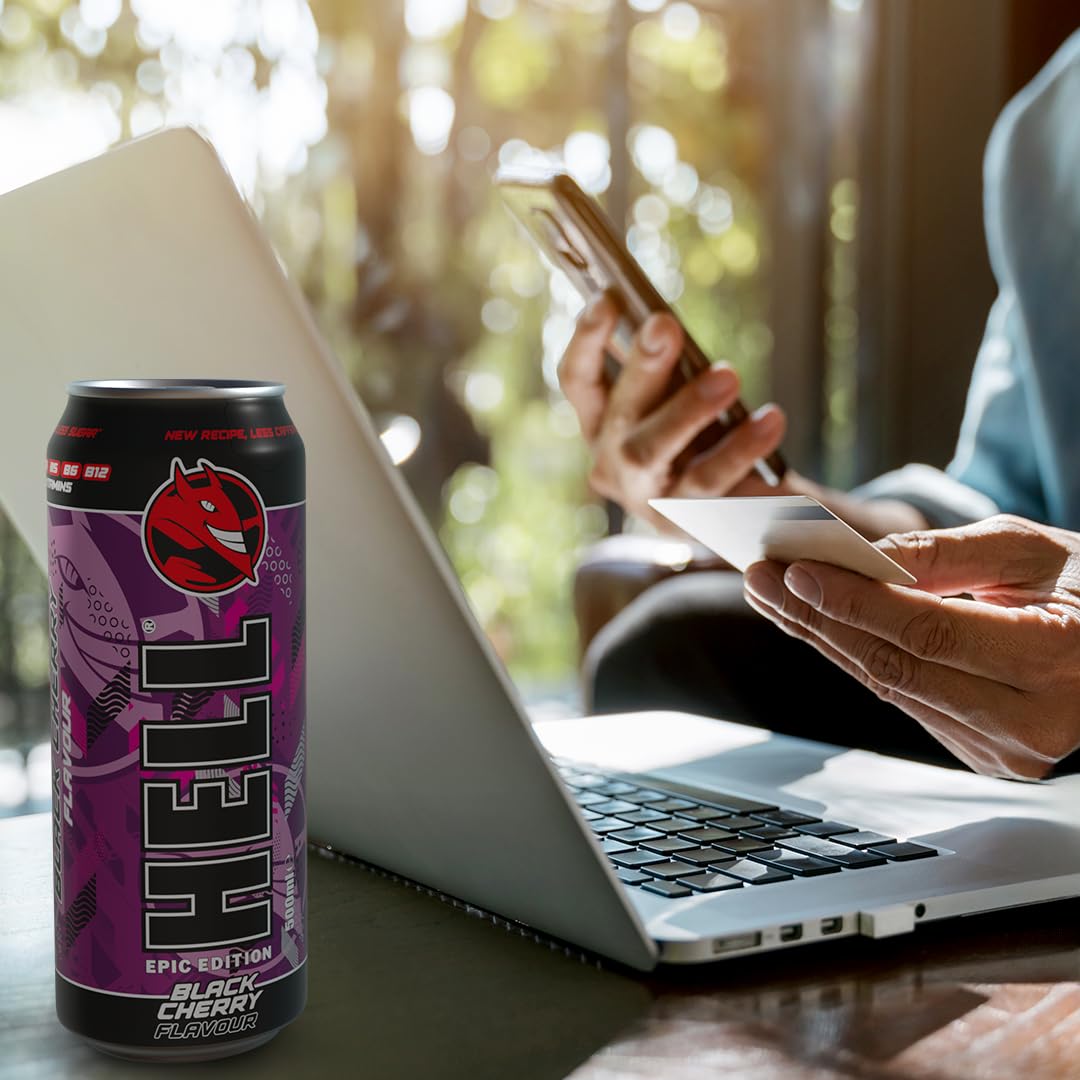 HELL BLACK CHERRY Energy Drink | +20% More Caffeine | Vitamins B2, B3, B6, B12, C & D | No Preservatives | Environmentally Friendly Packaging | 12 x