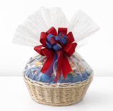 Fourth of July Gift Basket with Chocolate, Candy & Snacks - 18 Inch Wrapped Gift Basket - Independence Day Holiday Treats for Family, Friends