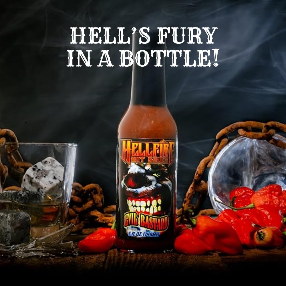Hellfire Evil Bastard Hot Sauce, Gourmet, Smoky, Cinnamon Whiskey Infused Super Hot Sauce, 5 oz.