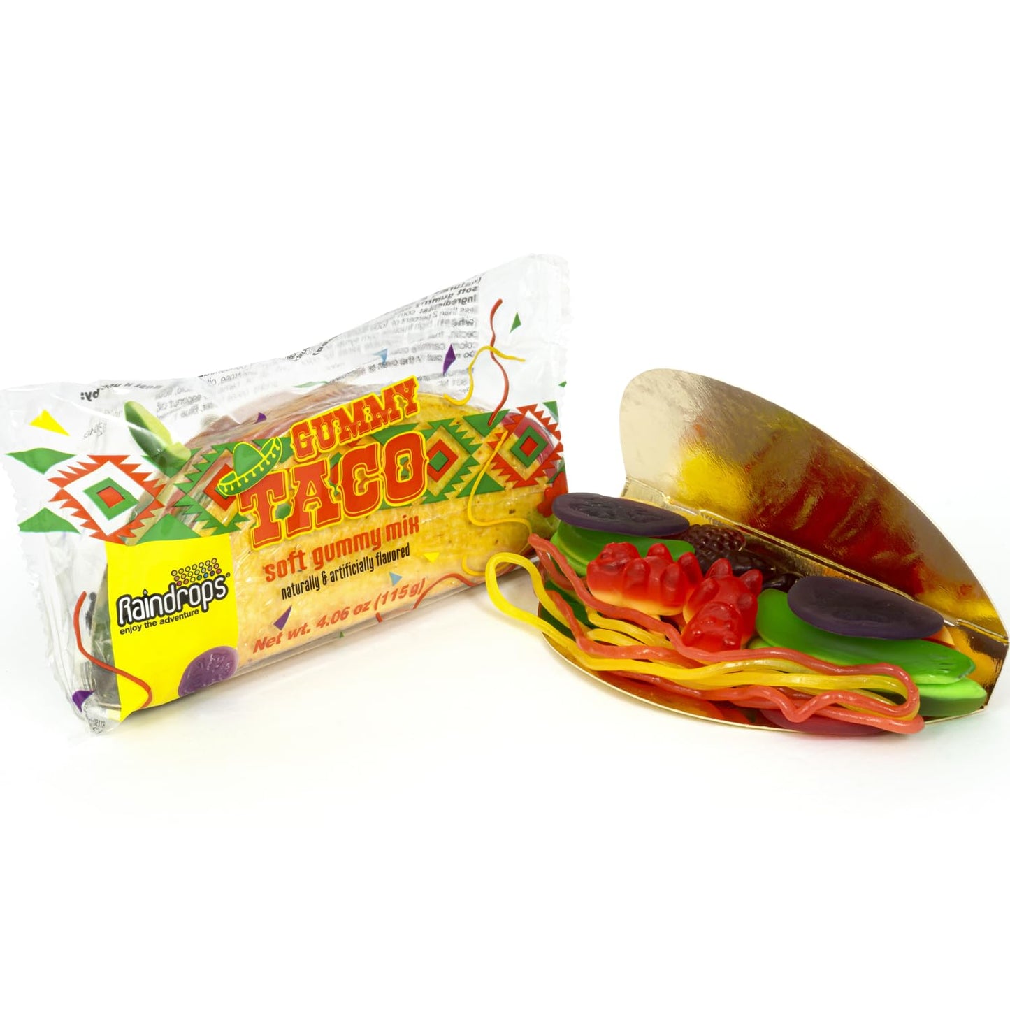 Raindrops Gummy Taco Candy - 4.06 Oz (Pack of 1) - Unique Taco-Shaped Gummy Candy - Fun Gummy Candy Snacks - Perfect for Parties, Gifts, Gatherings