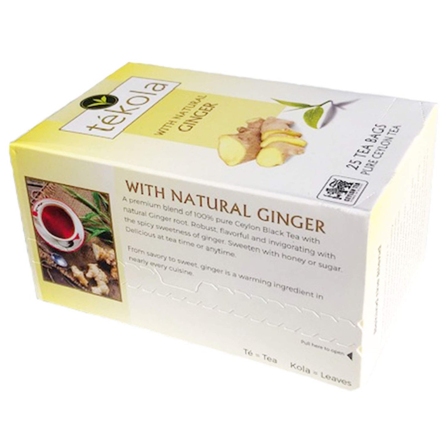 Tekola, Ceylon Black Tea with Natural Ginger Root. A premium blend of 100% pure Ceylon Tea with ginger. Robust, flavorful, and invigorating with the