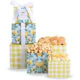 Alder Creek Gift Baskets Lemon Twist 3-High Tower with Candy, Cookies, and Popcorn for Summer, Thank You, Birthday, Housewarming, Mother's Day