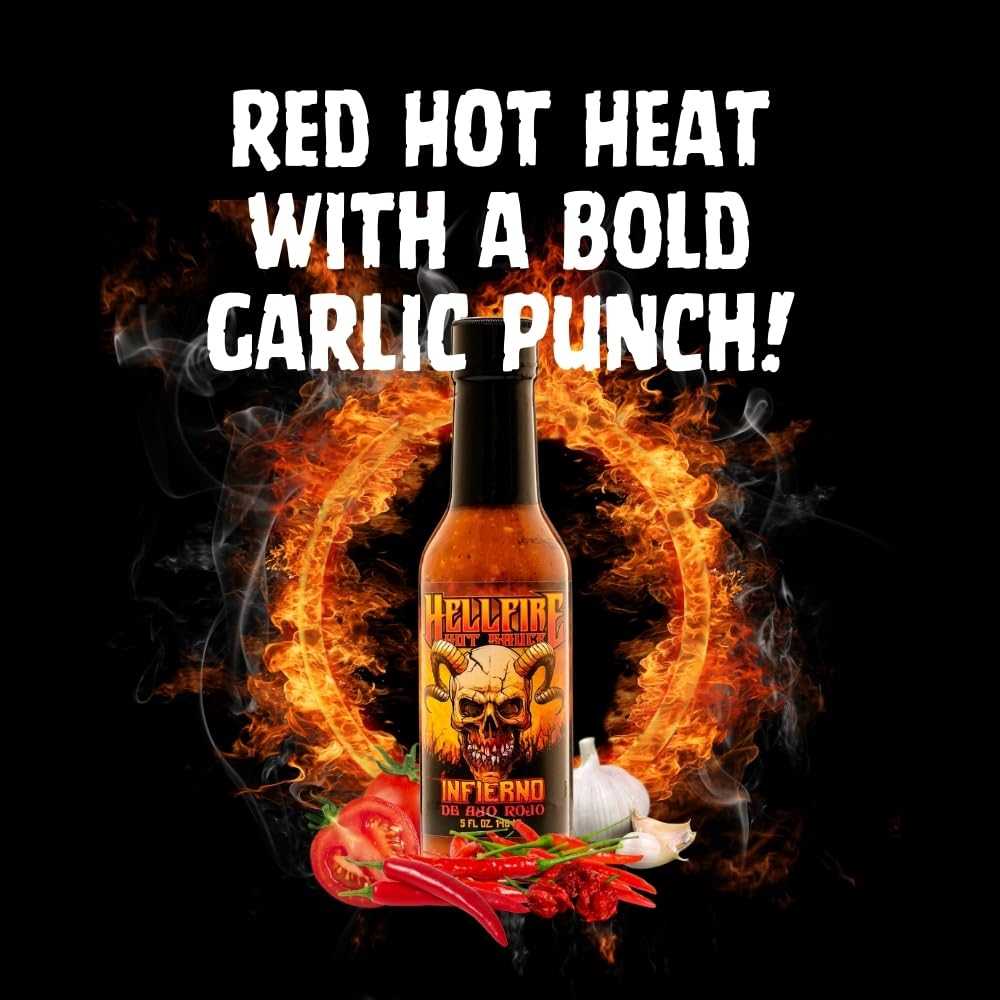 Hellfire Hot Sauce Infierno De Ajo Rojo - Gourmet Red Salsa Hot Sauce With Garlic and Carolina Reaper Peppers, 5 oz.