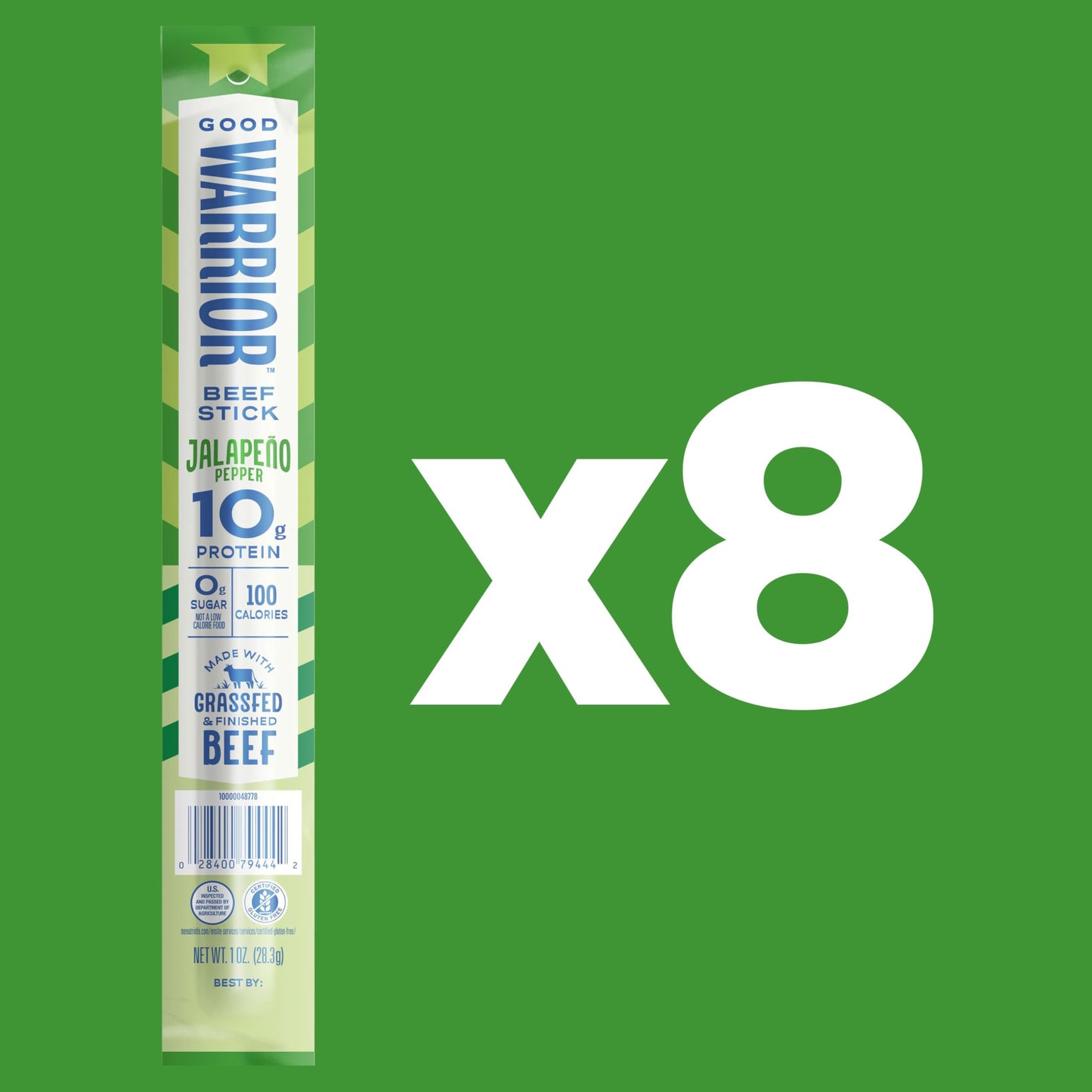 Good Warrior Beef Sticks, Jalapeno Pepper, 1 oz Sticks (8 Count), 10g Protein, 100 Calories, 0g Sugar, Grassfed & Finished Beef, Gluten Free
