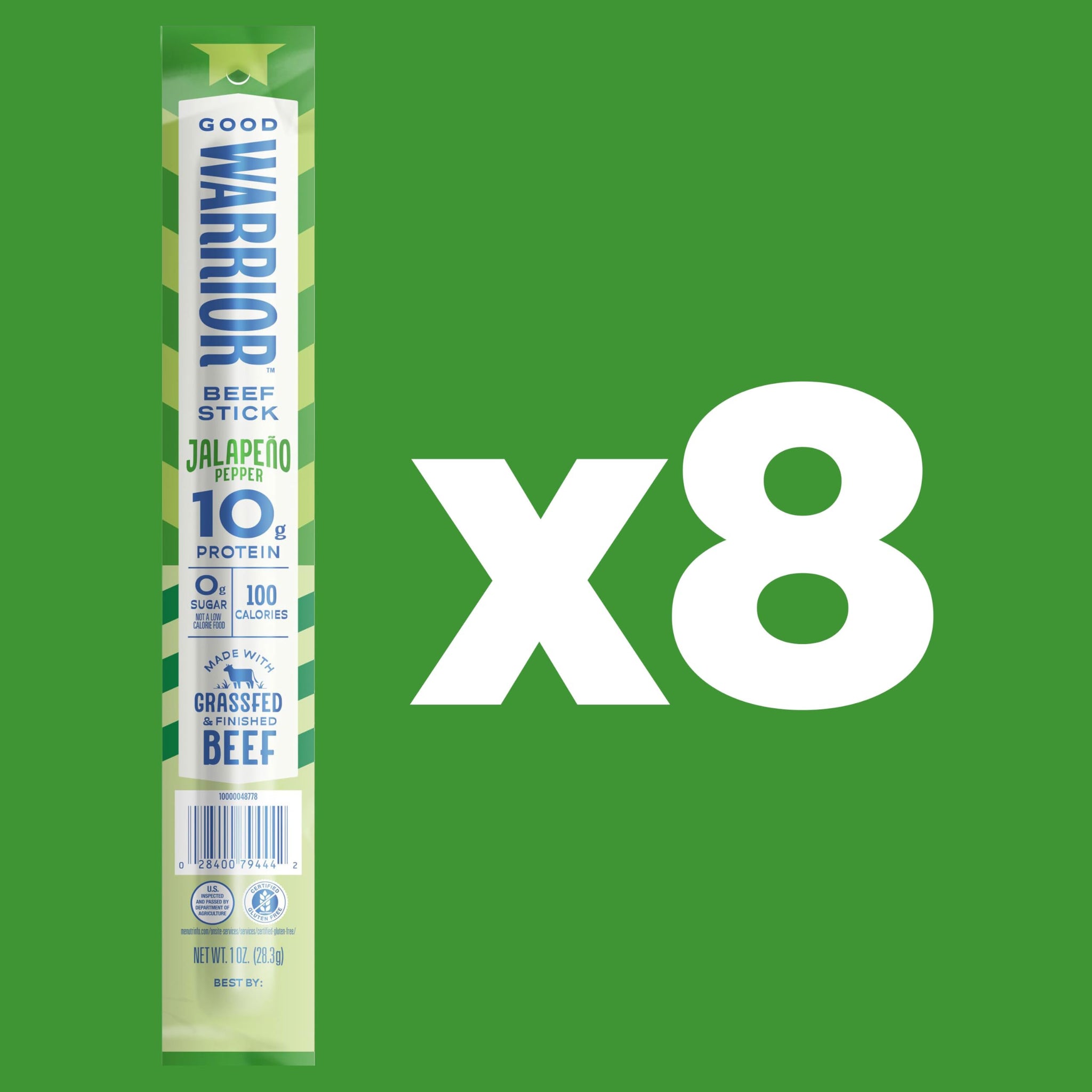 Good Warrior Beef Sticks, Jalapeno Pepper, 1 oz Sticks (8 Count), 10g Protein, 100 Calories, 0g Sugar, Grassfed & Finished Beef, Gluten Free