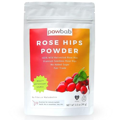 powbab Rose Hips Powder from 100% Wild Organic Rosehip. Premium Rosa Rubiginosa. Seedless Ground Rosehips from Whole Dried Rose Hips. No Added Sugar